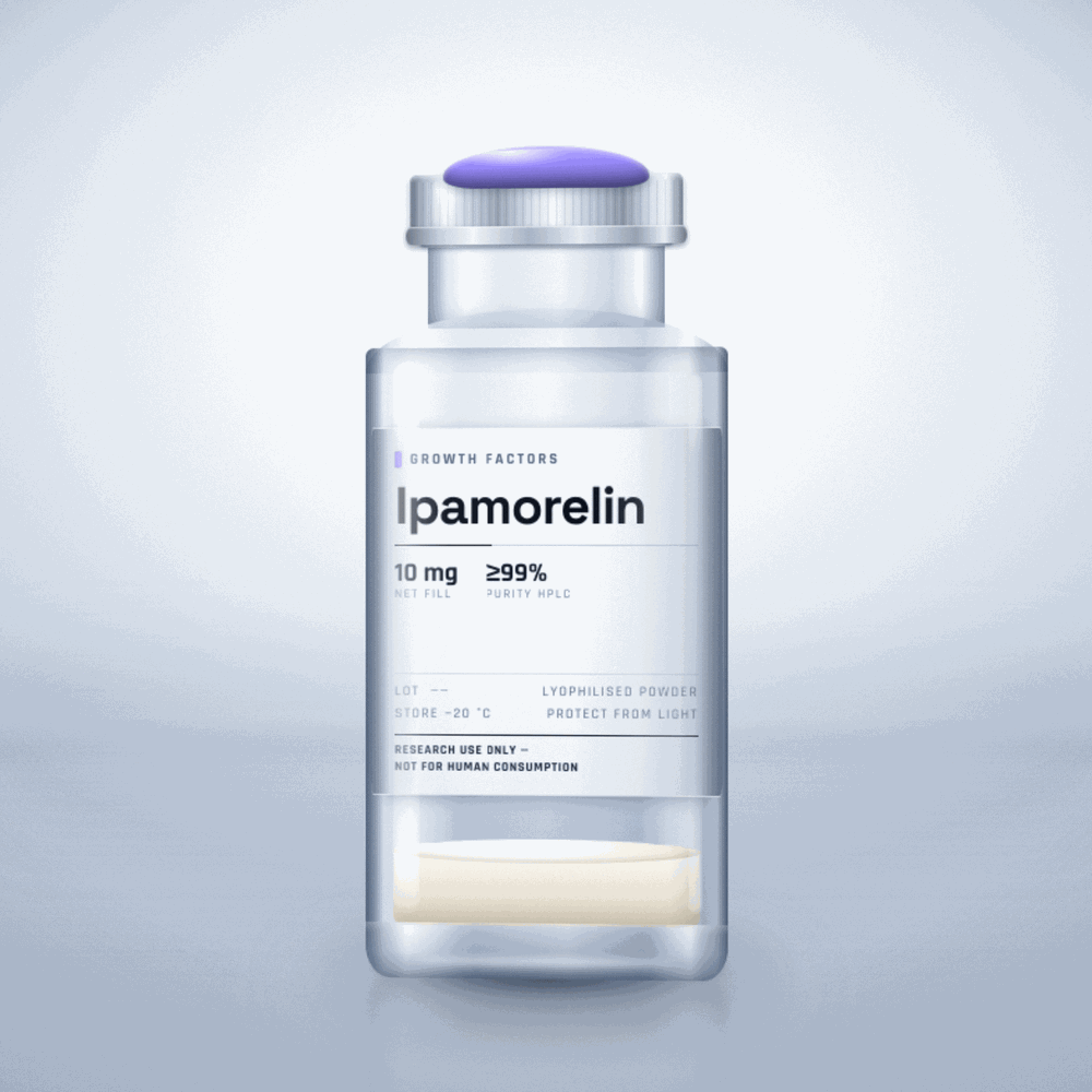 Ipamorelin — lyophilised research compound vial, for laboratory research use only