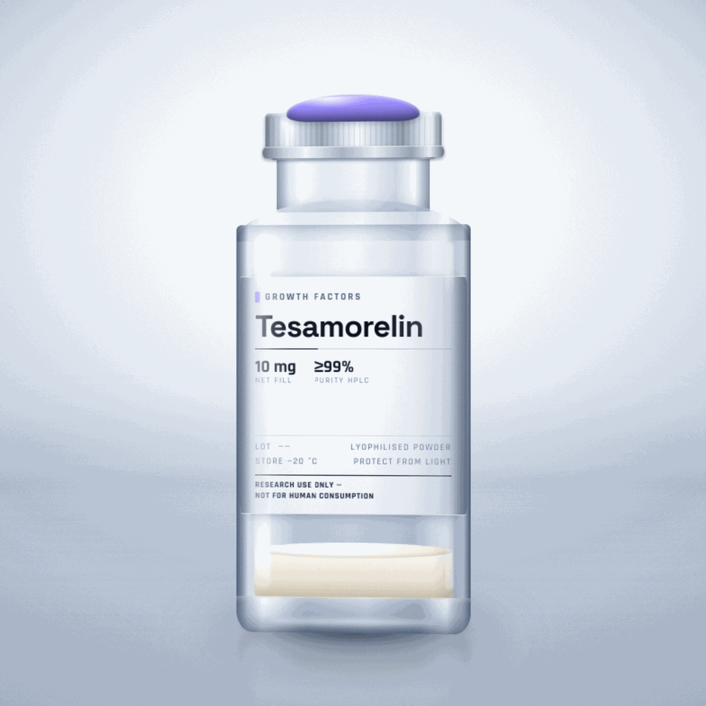 Tesamorelin — lyophilised research compound vial, for laboratory research use only